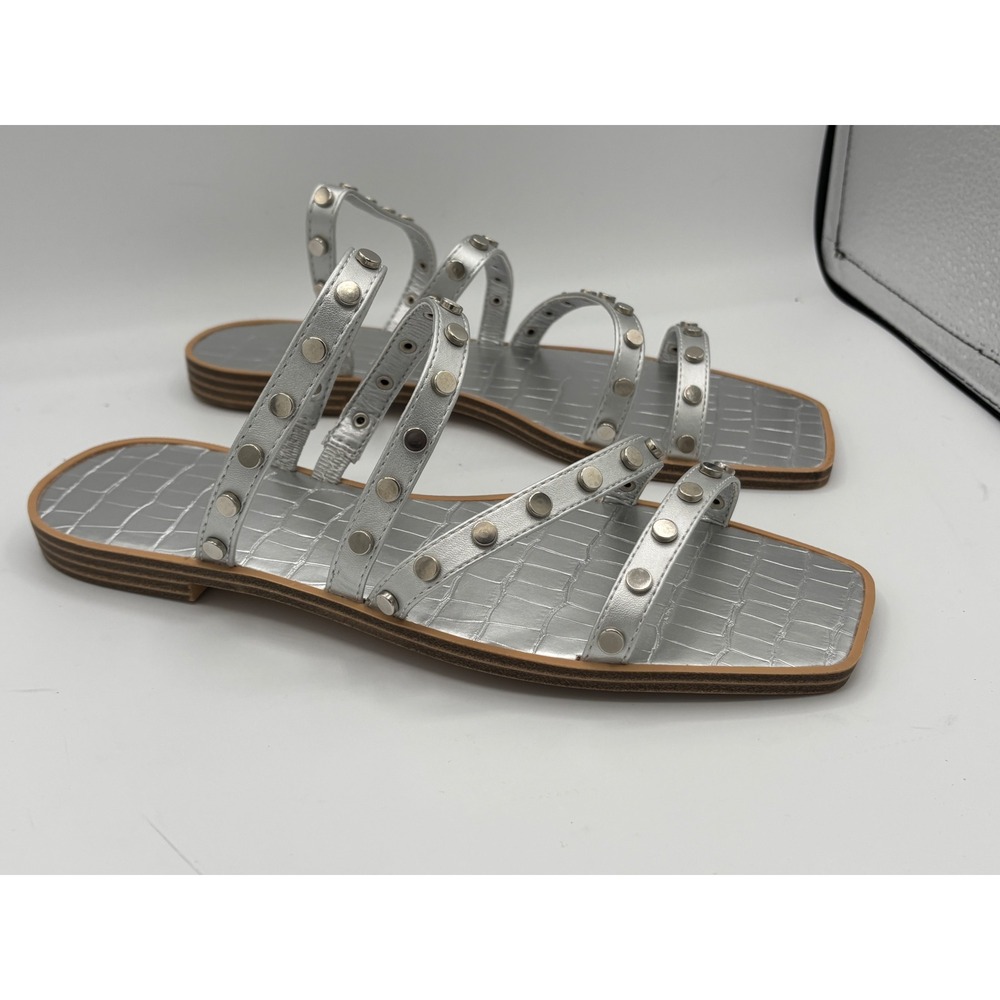 ZBY Strappy Flat Sandals Studded Embossed Women 9 Silver Metallic Square Toe